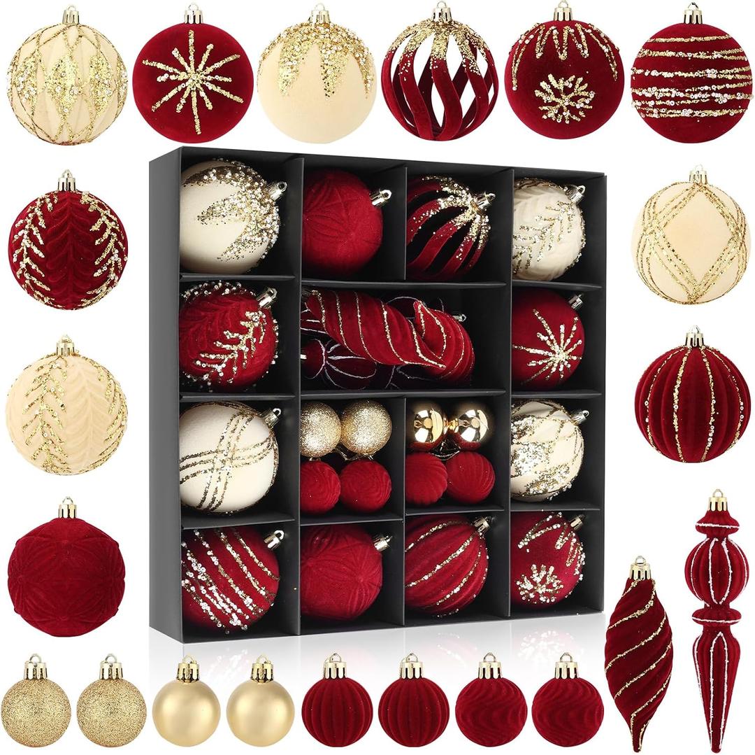 32 Pieces Christmas Ornament Set, Red Velvet Ornaments for Christmas Tree, Christmas Tree Hanging Ball Decorations Assortment for Holiday, Wedding, Party Decor
