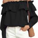 Prettywear Women's Sexy Off Shoulder Tops Long Sleeve Ruffle Blouse Flowy Going Out Shirt Oversized