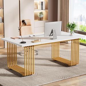 Tribesigns 70.9" Modern Office Desk, Wooden Computer Desk, White Executive Desk with Gold Metal Legs, Large Workstation for Home Office, Study Writing Desk, Small Conference Table for Meeting Room
