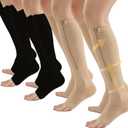 4 Pairs Zipper Compression Socks Women & Men, 15-20 Mmhg Compression Socks with Zipper, Medical Compression Toeless Lining Socks with Zipper for Varicose Veins, Edema, Recover (Large-X-Large, Black/Beige Open Toe)