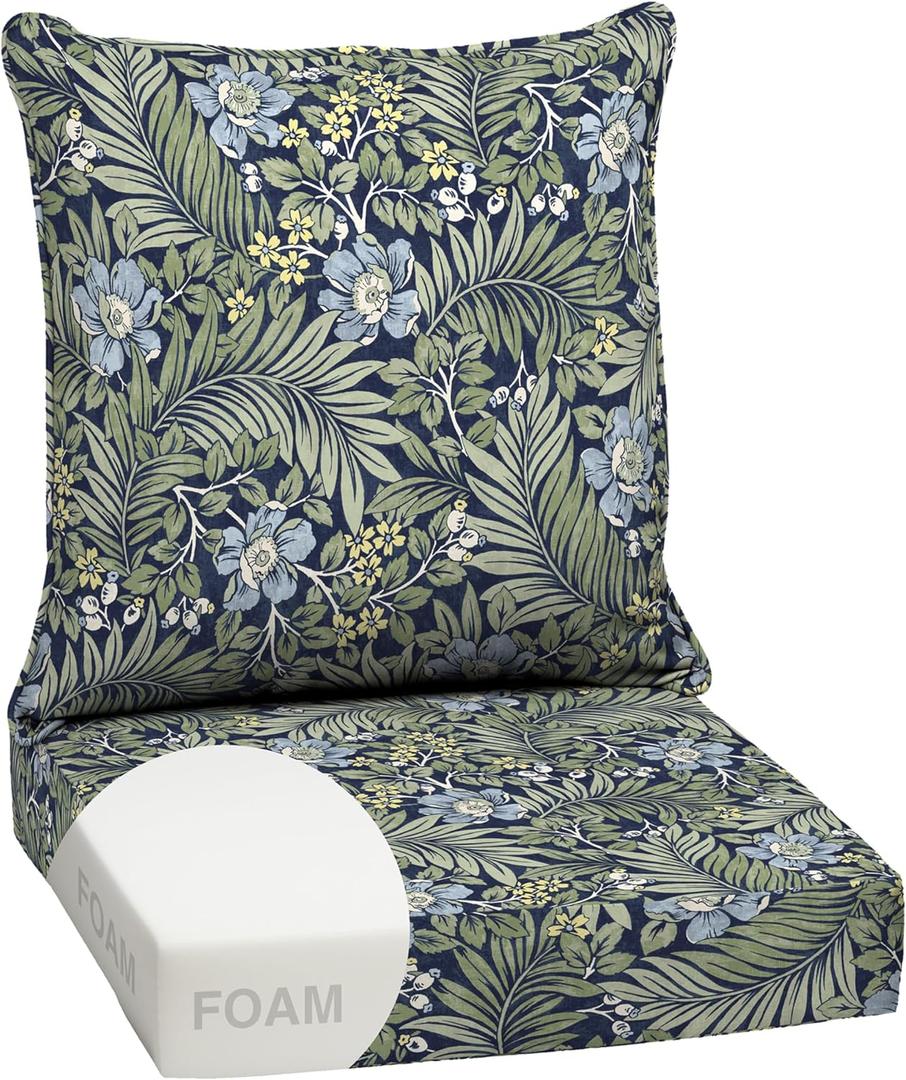 Arden Outdoor Foam Deep Seat Cushion Set, 24 in x 24 in, Weather-Proof, Rain-Proof, Fade Resistant Patio Cushion, Bottom and Back Cushion for Chair, Sofa, and Couch Sapphire Morrison Floral, 1 Pack