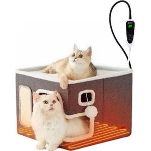 ZOMISIA Heated Cat House for Indoor Cats - Cat Warming Bed for Winter with Fluffy Ball Hanging and Adjustable Heating Pad, Foldable Cat Hideaway,16.5x16.5x13 inches, Grey