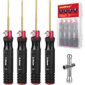 HobbyPark Titanium Hex Driver Allen Screwdriver Set 1.5mm 2.0mm 2.5mm 3.0mm Extended Thickened Handle for RC Crawler RC Car Truck Buggy On Road Touring Drift (Black & Red Handle)