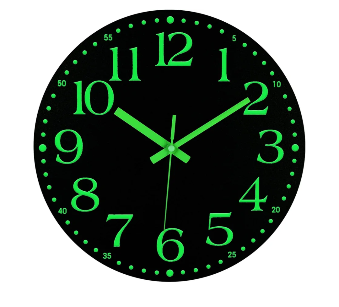 JoFomp Wooden Glow in The Dark Clock, 12 inch Silent Non-Ticking Battery Operated Clock, Energy-Absorbing Luminous Numerals and Hands, Lighted Wall Clock Decoration (Black, 12 INCH)