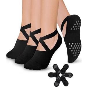 Diu Life 3 Pack Pilates Socks Yoga Socks with Grips for Women Non Slip, Workout, Pure Barre, Ballet, Dance, Hospital Socks (02 Black - 3 Pairs)