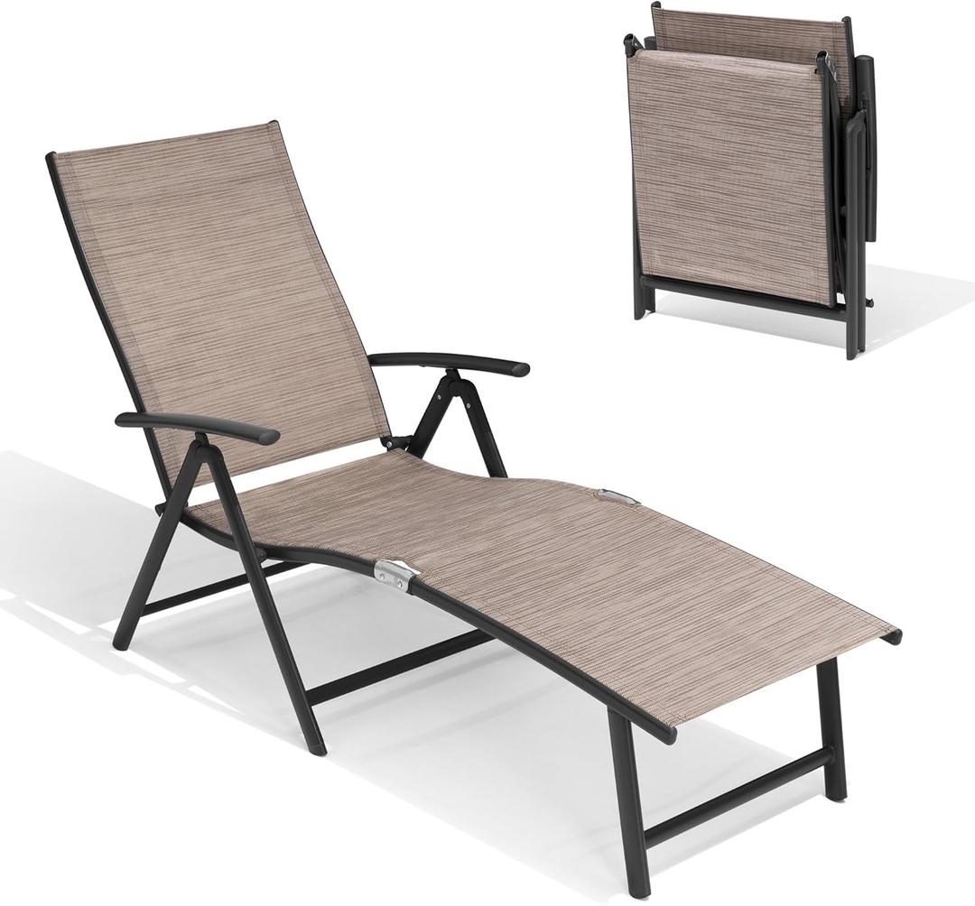 Crestlive Products Folding Patio Chaise Lounge Chair Outdoor, Aluminum Adjustable Outdoor Pool Recliner Chair, Assemble-Free, 8 Positions (Espresso-1pc)
