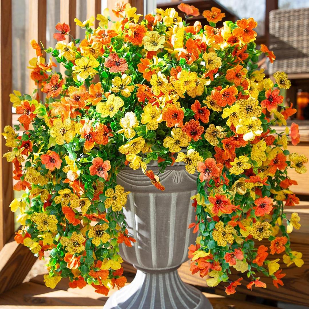 Artificial Flowers for Outdoors Fake Mums Hanging Plants Decor, 2Pcs Silk Daisy with Eucalyptus UV Resistant Look Real Trailing Vines for Planter Front Door Patio Yard, OrangeYellow