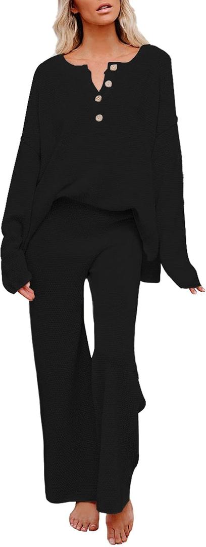 Women's 2 Piece Outfit Knit Sweatsuit Oversized Loose Pullover Sweater Top and Wide Leg Pants Set Black S