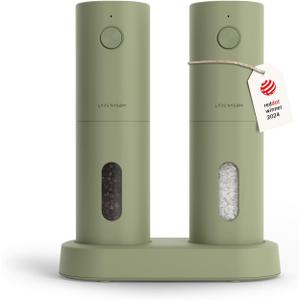 LARS NYSM Electric Salt and Pepper Grinder Set, USB Rechargeable, Automatic Salt and Pepper Mills, Spice Shakers Refillable with LED Light, Adjustable Coarseness, Ceramic Grinder (Sage Green)