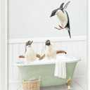 Kate and Laurel Sylvie Beaded Penguins in Cottage Bath Vintage Framed Canvas Wall Art by Amy Peterson, 18x24 White, Modern Cute Animal Bathtub Art for Wall
