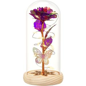 Bignes Galaxy Enchanted Rose Dome with Butterfly Birthday Gift for Woman Mothers Day Flowers Gift for Loved One Rose Flower Gift for Her Valentines Day (Purple Butterfly Roses)