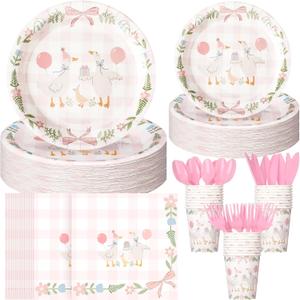 Havawish 175 Pcs One Silly Goose Birthday Decoration Party Tableware Set for 25 Guest Girl Pink One Silly Goose Birthday Decor Baby Shower Plate Cup Napkin Fork Knife Spoon for 1st Party Decoration