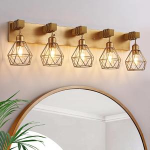 Farmhouse Bathroom Light Fixtures, 5-Light Gold Bathroom Vanity Light, Rustic Matte Antique Brass Finish with Metal Lampshade, Wall Sconces for Bedroom, Living Room, Hallway
