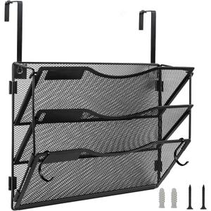 Wall File Organizer 3 Pockets, Mail Organizer, Hanging Folder Holder, Foldable | Hanging or Wall Mounted | Label Panel | 2 Hooks | Office Home School Organizer, Black