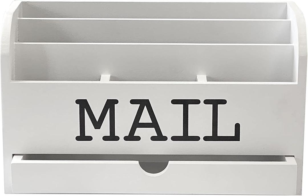 Cregugua White Desk Organizer Wooden Mail Storage box for tabletop office home,5 compartments with Drawer (4x11.8x7 in)