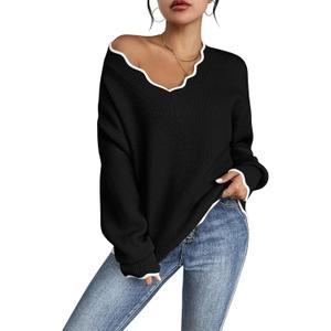 Pink Queen Women's Oversized V Neck Fuzzy Sweaters 2024 Casual Loose Long Sleeve Chunky Knit Pullover Jumper Tops (Large, Black)