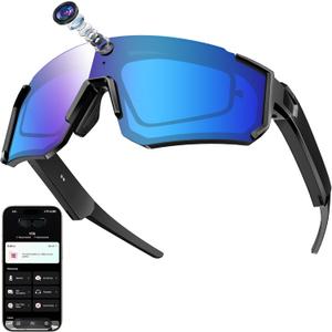 AI Smart Glasses, Voice Control Sports Sunglasses, EIS Anti-Shake, IP54 Waterproof, Real-Time Translation, Open Ear Audio Cycling Glasses for Outdoor Hiking Surfing Running, Blue