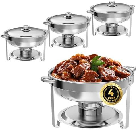 IMACONE Chafing Dish Buffet Set 4 Pack, 5QT Round Stainless Steel Chafer for Catering, Upgraded Chafers and Buffet Warmer Sets with Food & Water Pan, Lid, Frame, Fuel Holder for Event Party Holiday