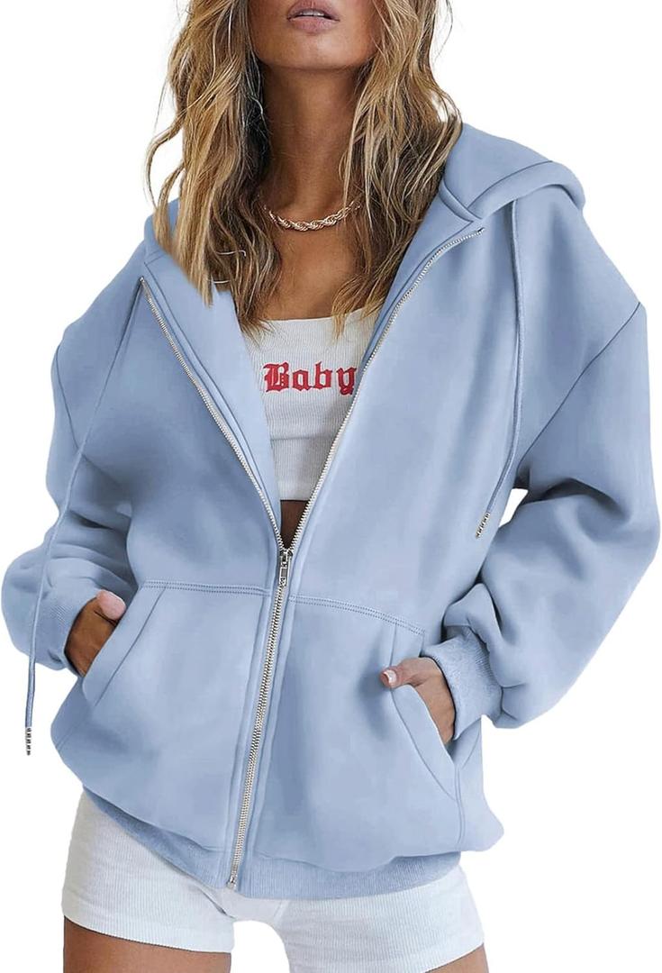 PRETTYGARDEN Women's Zip Up Y2K Hoodies Casual Long Sleeve Track Jackets with Pockets (Light Blue), S