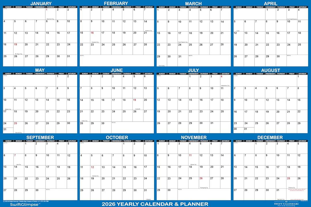 36" x 54" SwiftGlimpse 2026 Wall Calendar Erasable Large Wet & Dry Erase Laminated 12 Month Annual Yearly Wall Planner, Horizontal, Navy