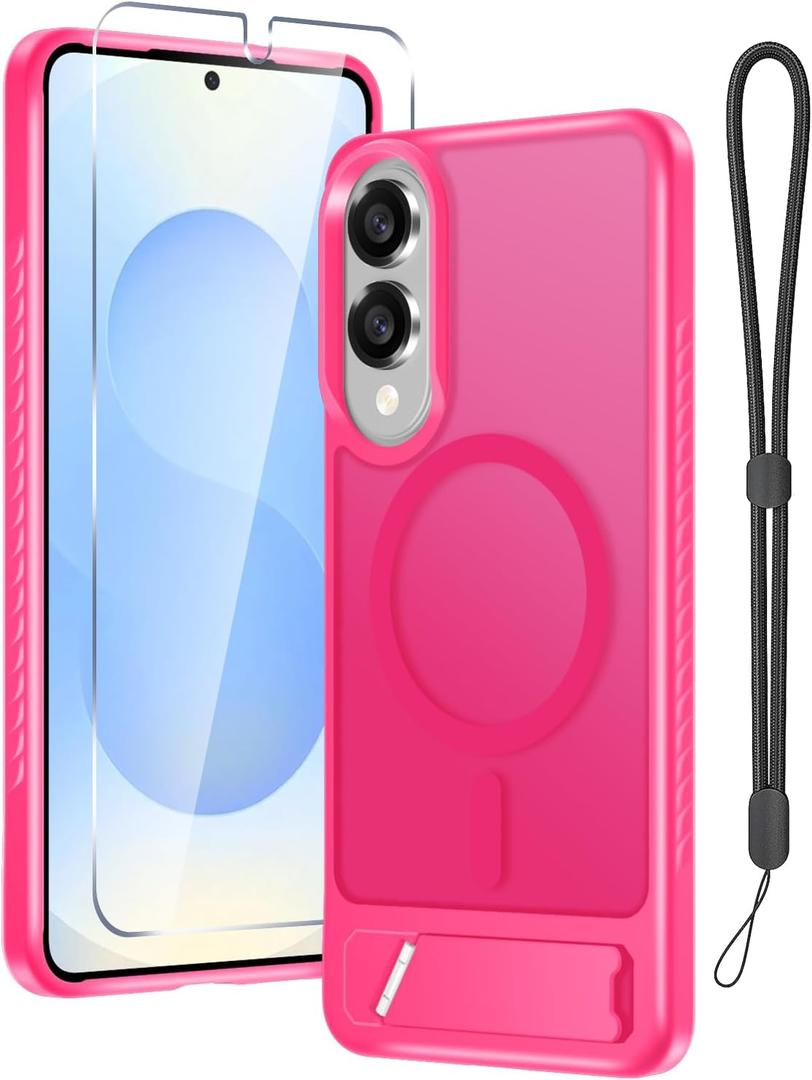 RMOCR for Samsung Galaxy S25 Edge Case with Screen Protector+Lanyard Wrist Strap,Magnetic Translucent Matte Rugged Slim Phone Cover Built in Invisible Kickstand [Fit for MagSafe],2025 Hot Pink