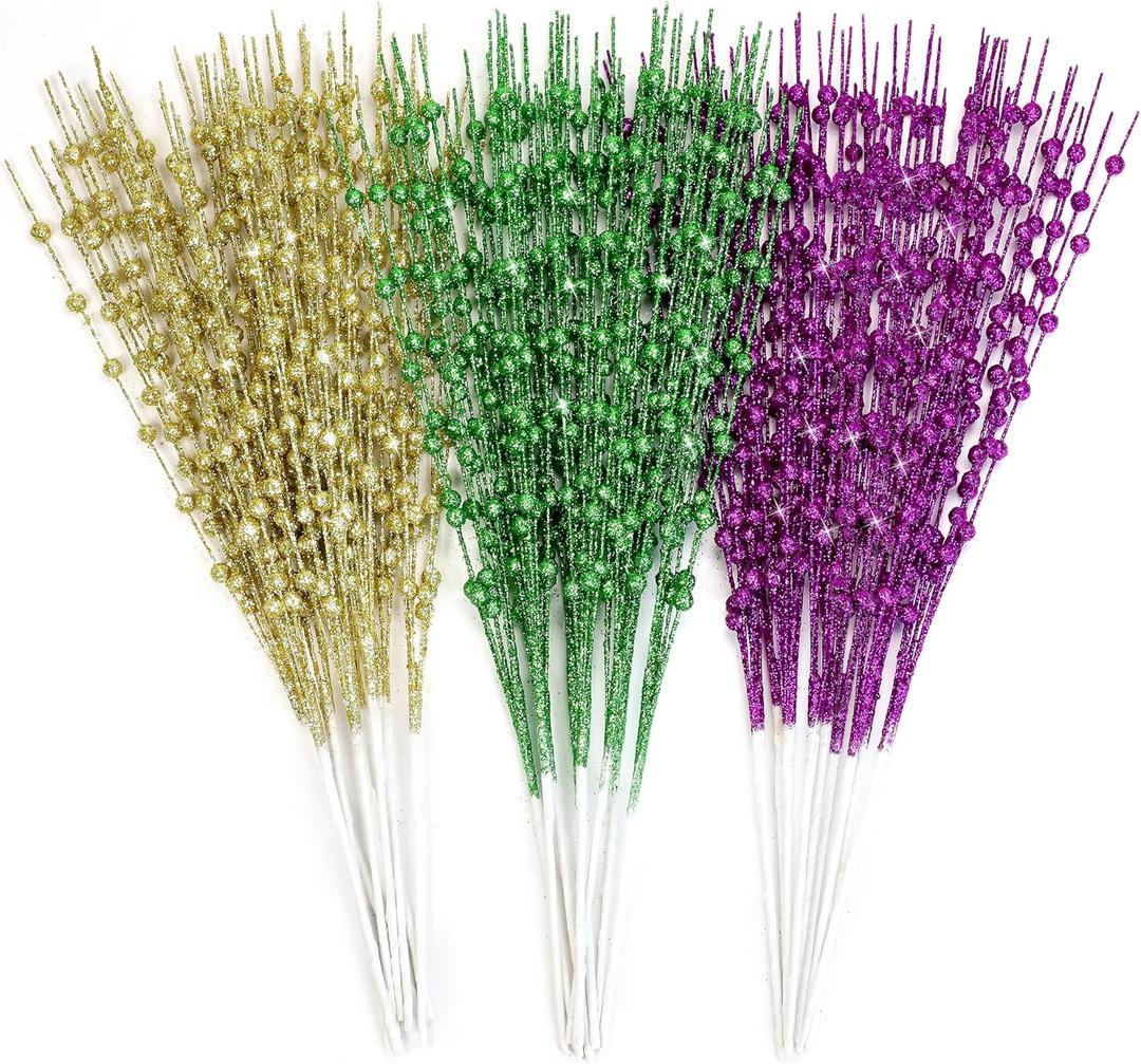 Tifeson 24 Pcs Mardi Gras Decorations Berry Picks, 17 inch Glitter Purple Gold Green Carnaval Artificial Tree Topper Mardi Gras Floral Picks for Wreaths Table Centerpiece Vase Home Decor