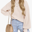 ZESICA Women's Casual Turtleneck Long Lantern Sleeve Oversized Ribbed Knit Pullover Sweater Jumper Top Size S Beige