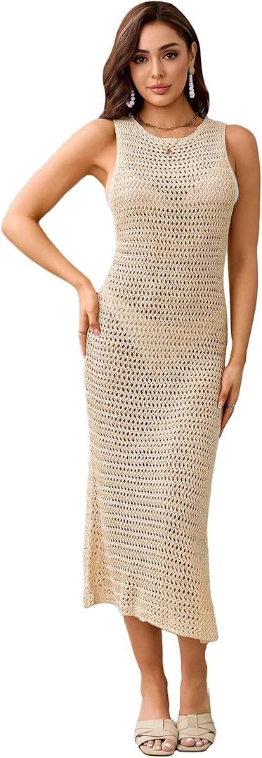 Verdusa Women's Hollow Out Crochet Beach Dress Thigh Split Bodycon Long Tank Dresses (Beige, M)