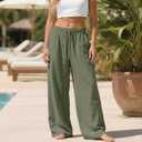 Womens Palazzo Pants Summer Fashion 2026 High Waisted Wide Leg Drawstring Flowy Beach Trousers with Pockets, Size 1XL