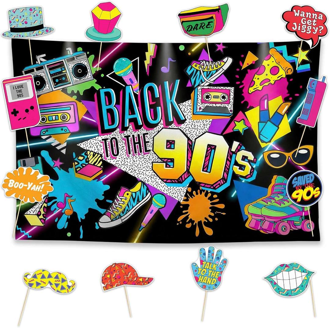 Allenjoy Back to 90S Party Birthday Decorations Set - 13 Piece Kit with 59"x35" Backdrop, 12 Photo Booth Props, Decor Supplies, Favors for Men Women Boyfriend Girlfriend Husband Wife