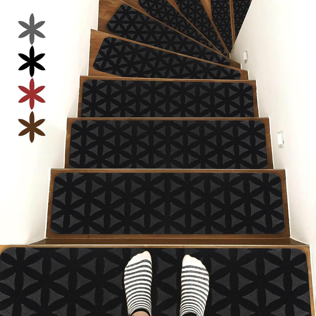 RIOLAND Non-Slip Carpet Stair Treads for Wooden Steps Indoor, 8" X 30", 15 Pack Peel and Stick Stair Treads Runners for Kids Elders and Pets, Black