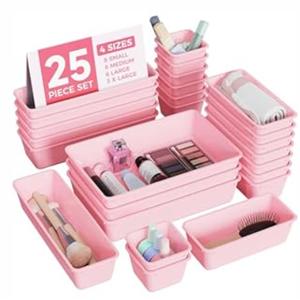 25 PCS Plastic Drawer Organizers Set, 4-Sizes Vanity and Makeup Organizer, Desk and bathroom Drawer Organizer Trays, Organizers and Storage for Makeup, Jewelry, Gadgets, Utensils (Purple)