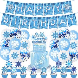 Winter Wonderland Party Decorations Snowflake Happy Birthday Banner Cake Toppers Blue White Snowflake Balloons Winter Wonderland Boys Girls 1st Birthday Party Supplies