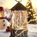 Christmas Snow Globe Lantern with Winter Forest Wolf Owl for Christmas Decorations, with Music and Lighting Features，USB or Battery Operated