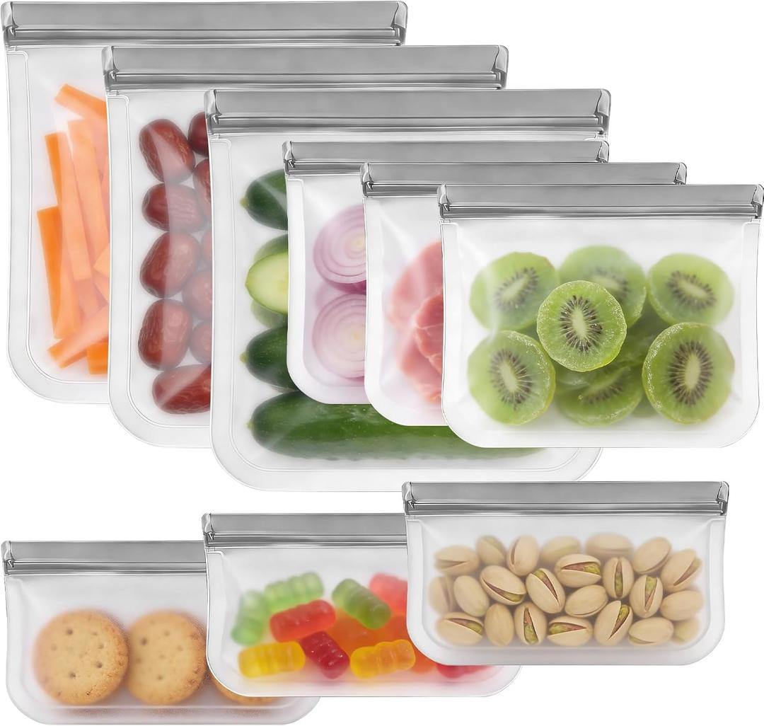 9 Pack Reusable Silicone Food Storage Bags - Freezer, Microwave & Dishwasher Safe Leakproof Reusable Bags, Freezer Storage Bags Sets - 3 Gallon 3 Snack 3 Sandwich Bags
