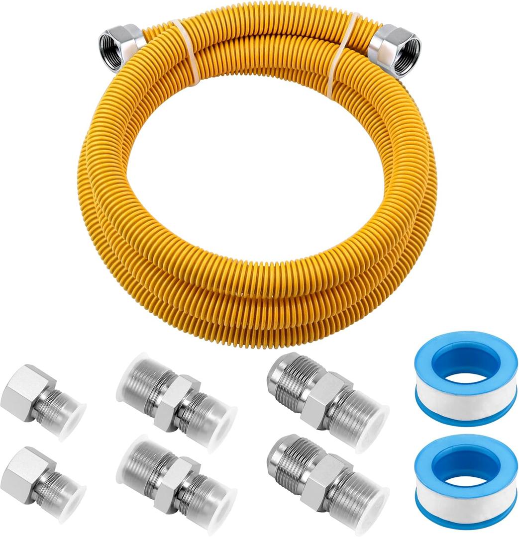 AMI PARTS 72" Flexible Gas Line Kit Yellow Coated, Gas Hose Connector Kit for Dryer, Stove, Water Heater,5/8" OD(1/2" ID) Stainless Steel Gas Line with Connector 1/2" MIP &1/2"FIP & 3/4"MIP Fitting