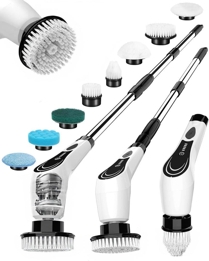Electric Spin Scrubber, Shower Scrubber with 8 Brush Heads with Adjustable Extension Handle, 2H Power Dual Speed, IPX7 Waterproof for Kitchen, Sink, Bathroom, Shower, Tile, LX-a