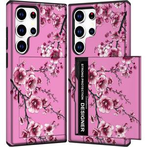 Compatible with Samsung Galaxy S24 Ultra Case Wallet Cute for Women with Design,Rugged Credit Card Holder Slot Protective Phone Skin Cases - Pink Cherry Sakura Blossom