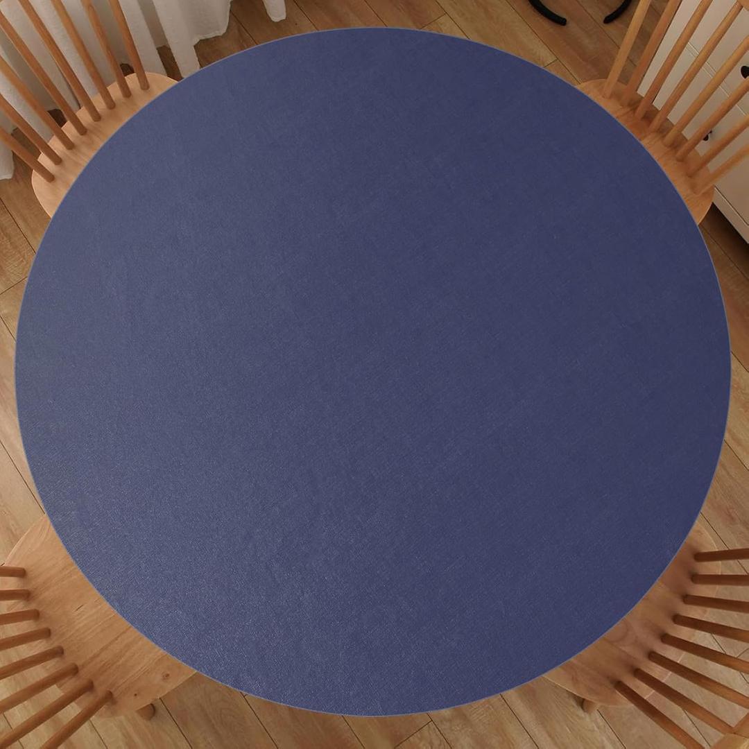 Round Fitted Tablecloth with Elastic Edge, Waterproof Plastic Table Cloth, Flannel Backed Vinyl Tablecloths Fits 40" - 44" Round Tables for Dining, Camping, Indoor and Outdoor, Dark Blue