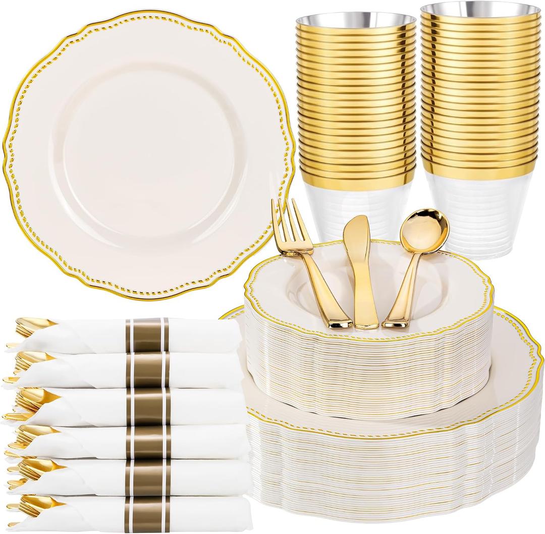 Hioasis 175pcs Ivory Gold Plastic Plates - Gold Plastic Dinnerware Set Includes 25 Dinner Plates, 25 Dessert Dinnerware, 25 Cups, 25 Napkins Perfect for Wedding & Party