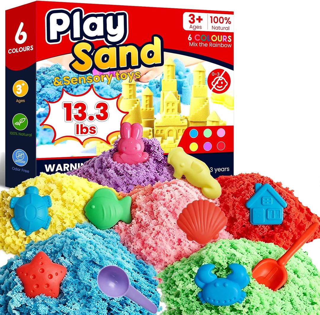 FURWEY Play Sand Set, with 13.3lbs of Colorful Sensory Sand, Plus 15 Tools & Molds, Sensory Play Sand Art Kits for Children Ages 3+ to Relaxing Creative Activities
