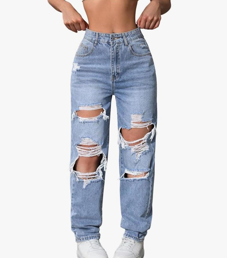 Women's High Waisted Distressed Jeans Straight Leg Casual Ripped Denim Pants, XL