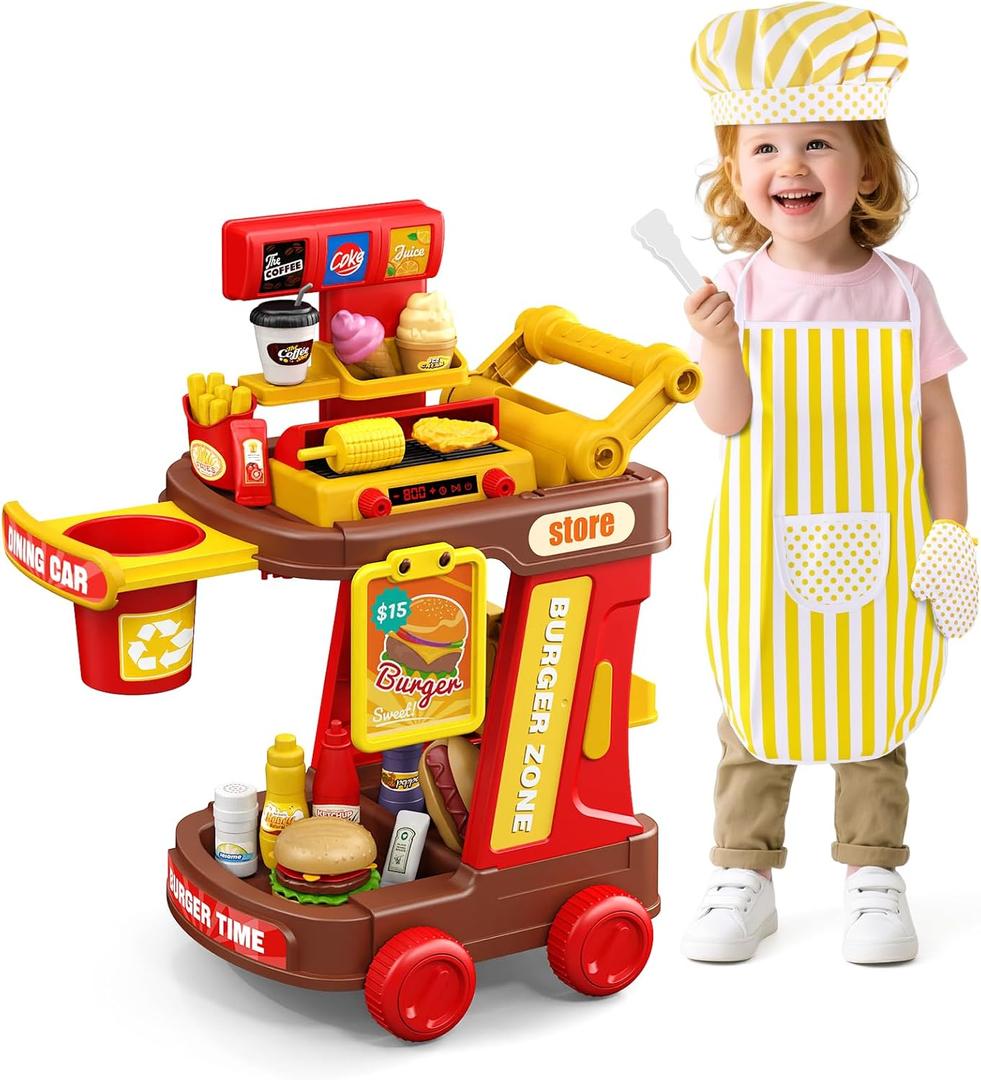 Kids Kitchen Playset - Pretend Play Restaurant Food Set for Toddlers with Cart, Grill and Apron Play Kitchen Toys Accessories with Lights and Sounds Christmas Birthday Gift for Kids Girls Boys Ages 3+