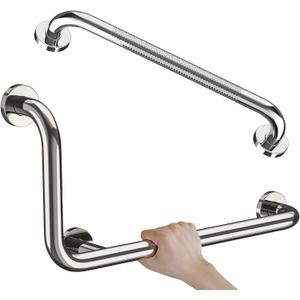 Polished Chrome L-Shaped Grab Bar 12x24 Inch + Knurled Shower Grab Rail 20 Inch, Zepolu Stainless Steel Toilet Safety Bar 90 Degree, Angled Balance Support Assist Bar, Bathroom Mobility Aid Handrail