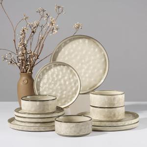 HaWare Dinnerware Sets, 12-Piece Plates and Bowls Set, Stoneware Dish Set for 4, Ceramic Dinnerware for Home Restaurant, Chip and Scratch Resistant, Microwave and Dishwasher Safe, Saturn Khaki