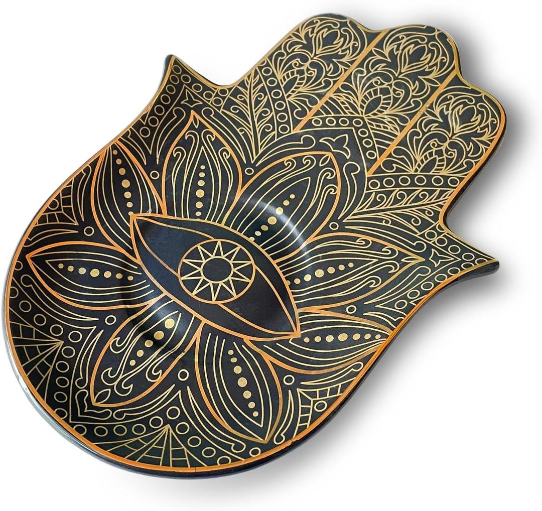 Exquisite Small Ceramic Jewelry Tray - Trinket Dish Evil Eye Decor, Gold Plate Ring Holder, Modern Boho Home Essentials, Perfume Organizer, Witchy, Aesthetic Room Decor (Black Hamsa)