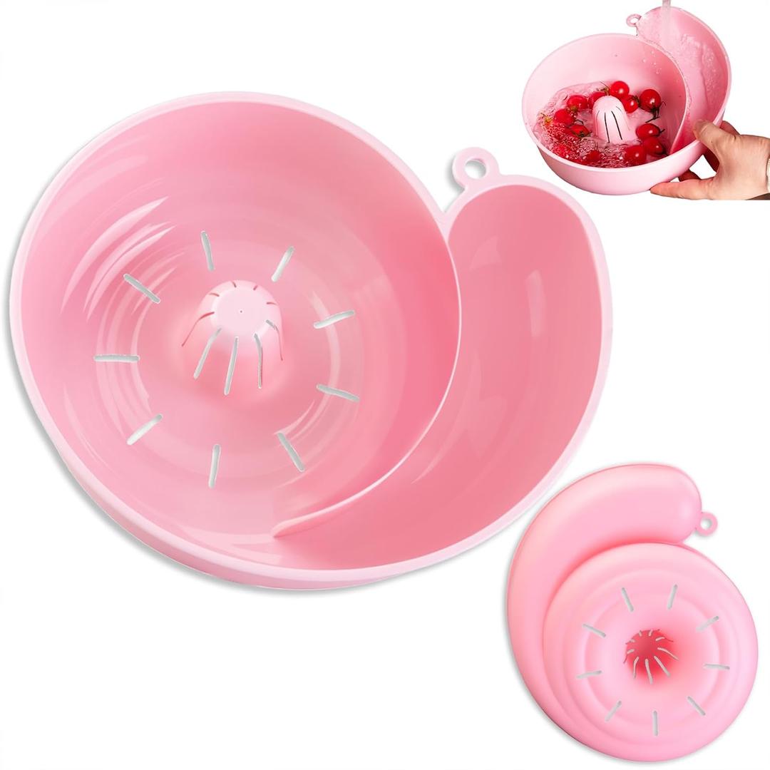 Snail-Shaped Drain Basket Automatic Vegetable and Fruit Washer, Rotating Washing Bowl with Strainer, Berry Washer Spinner Basket, Portable Fruit Cleaning Drain Tool for Home Kitchen (Pink)
