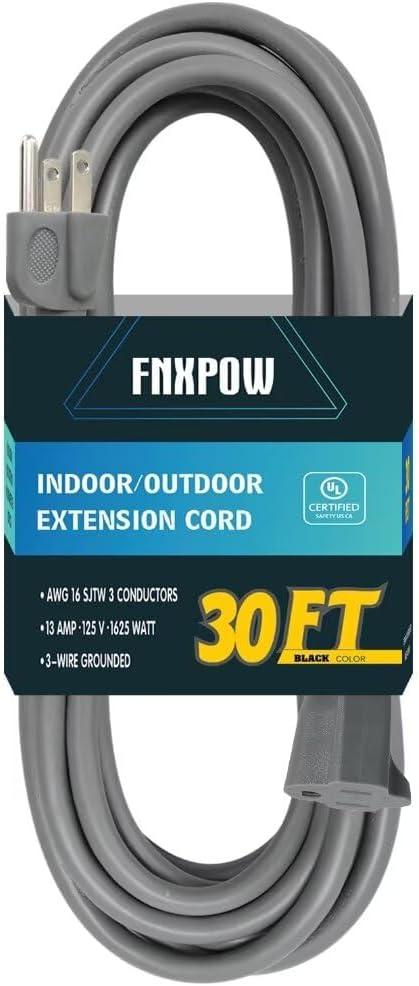 Indoor Outdoor Extension Cord 30 FT Waterproof, 16/3 Gauge Heavy Duty Gray Extension Cords, 13A 1625W SJTW Extension Cord with 3 Prong Grounded Plug, Great for Tools, Lights, UL Listed 