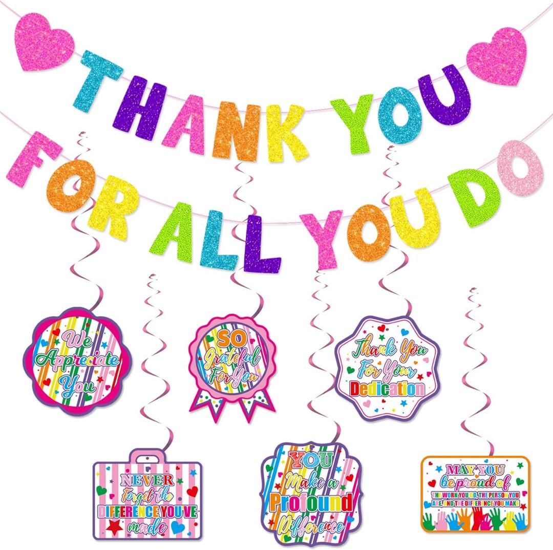 We Appreciate You Decorations, Colorful Glitter Thank You for All You Do Banner, Appreciation Hanging Swirls, Employee Coworker Staff Teacher Doctor Nurses Appreciation Party Favor