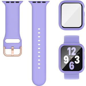 2 x 3-in-1 Compatible for Apple Watch Band 40mm 41mm 44mm 45mm and Case with Screen Protector, Sport Silicone Bands and Protective Cover with 9H Tempered Glass for iWatch Series SE 9 8 7 6 5 4